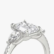 Emerald Cut - Pave Band - Three Stone Ring - 0.25 Ct Side Stone each - 14 K Gold