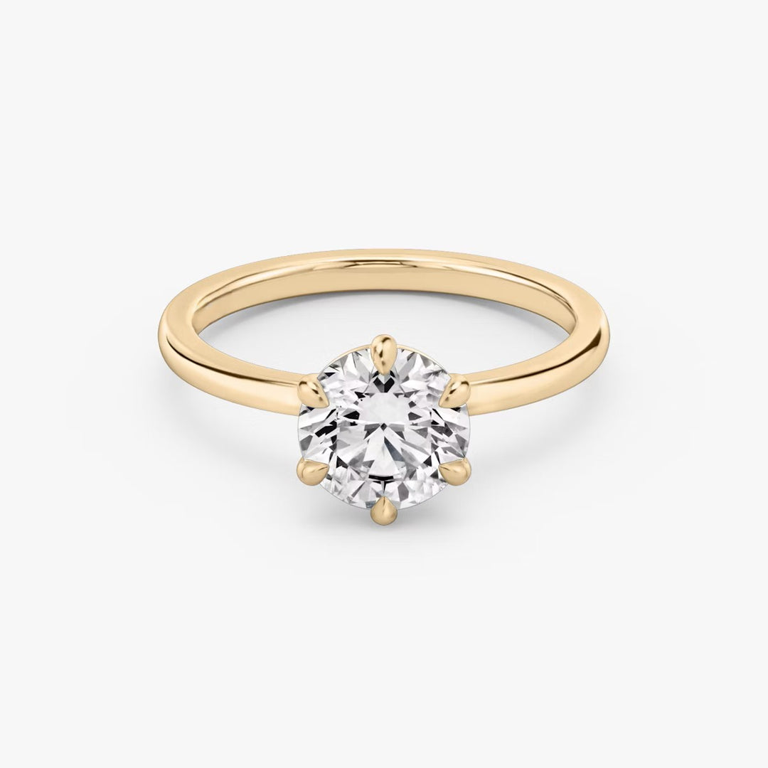 Round Cut - Plain Band - 6 Prong Classic Ring - 14 K Gold