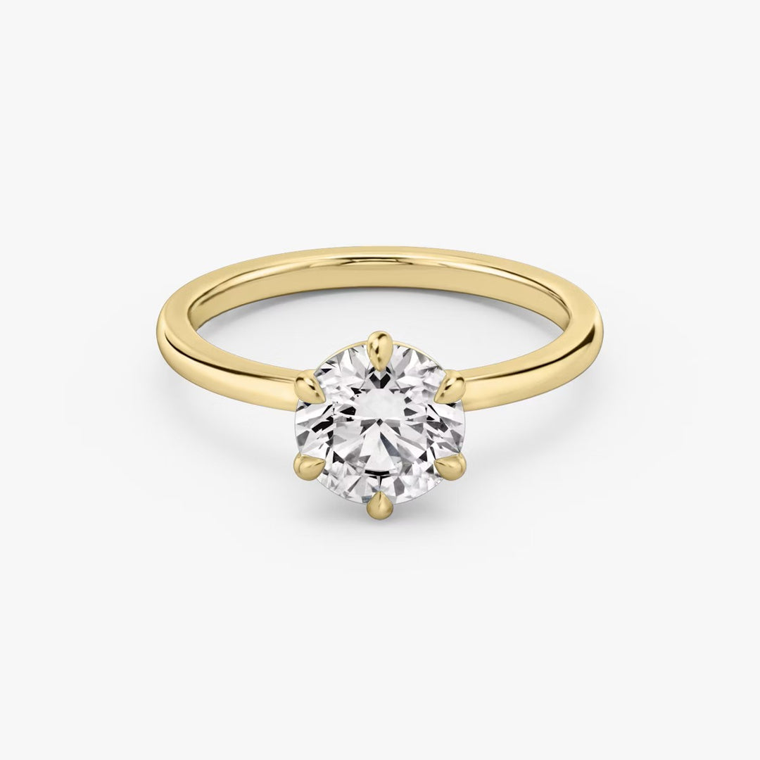 Round Cut - Plain Band - 6 Prong Classic Ring - 14 K Gold