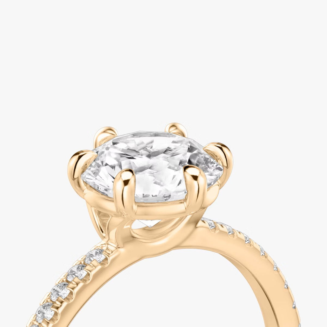 Round Cut - Pave Band - 6 Prong Classic Ring - 18 K Gold