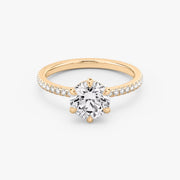 Round Cut - Pave Band - 6 Prong Classic Ring - 14 K Gold