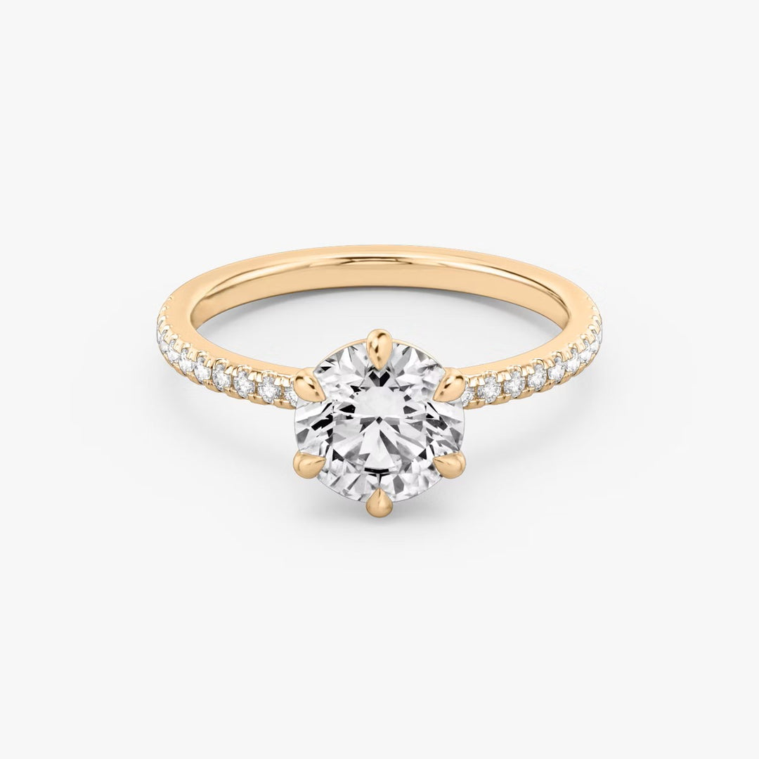 Round Cut - Pave Band - 6 Prong Classic Ring - 18 K Gold