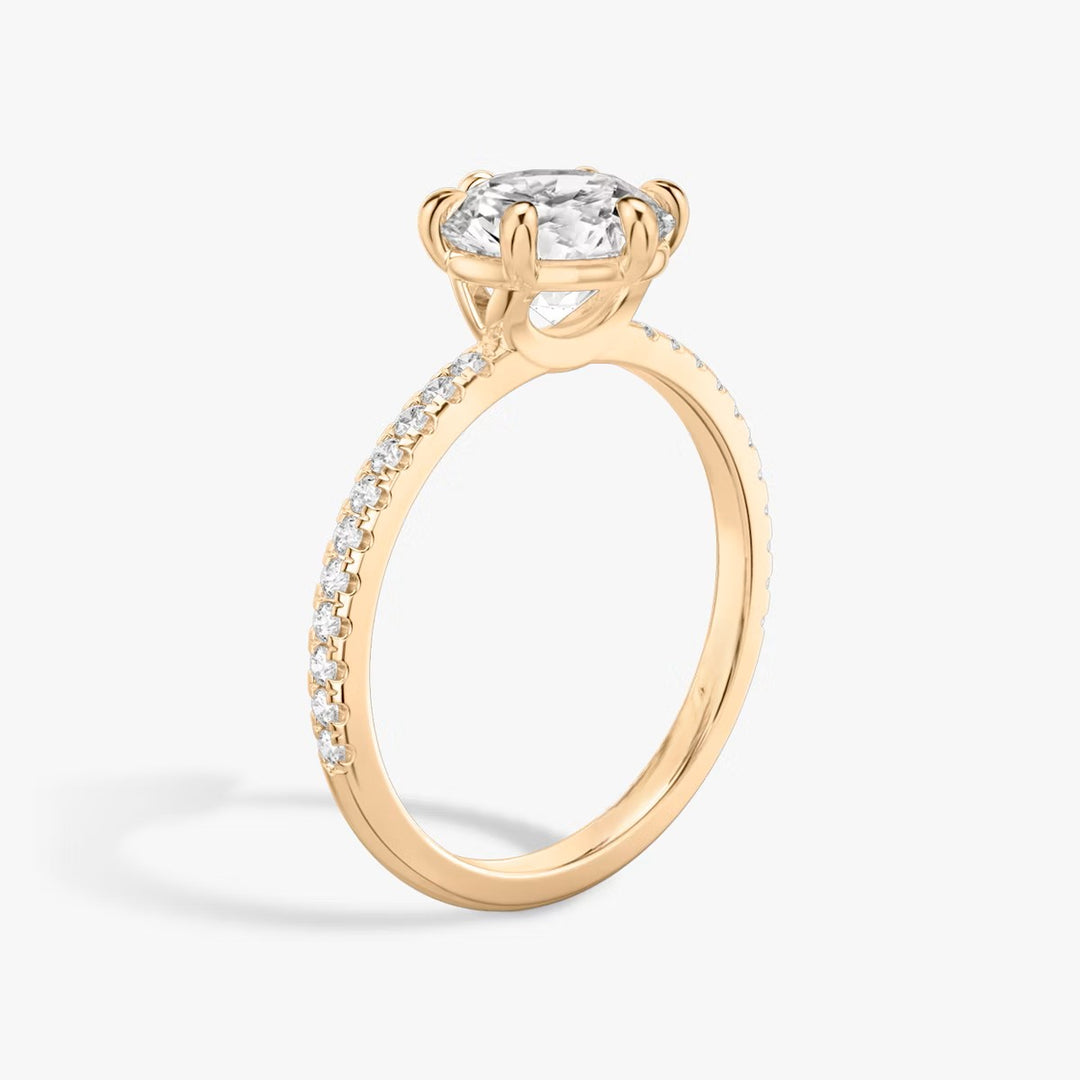 Round Cut - Pave Band - 6 Prong Classic Ring - 14 K Gold