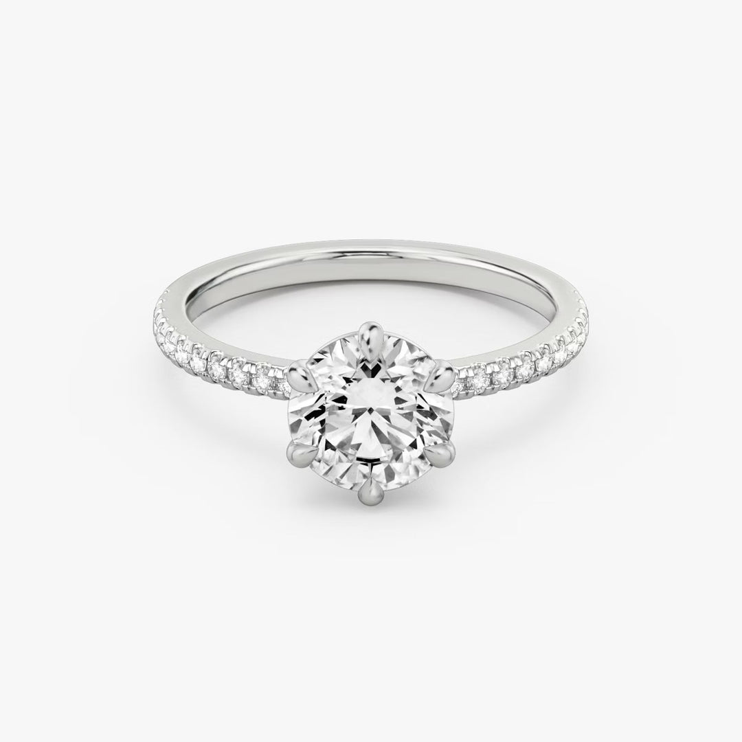 Round Cut - Pave Band - 6 Prong Classic Ring - 14 K Gold