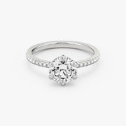 Round Cut - Pave Band - 6 Prong Classic Ring - 18 K Gold