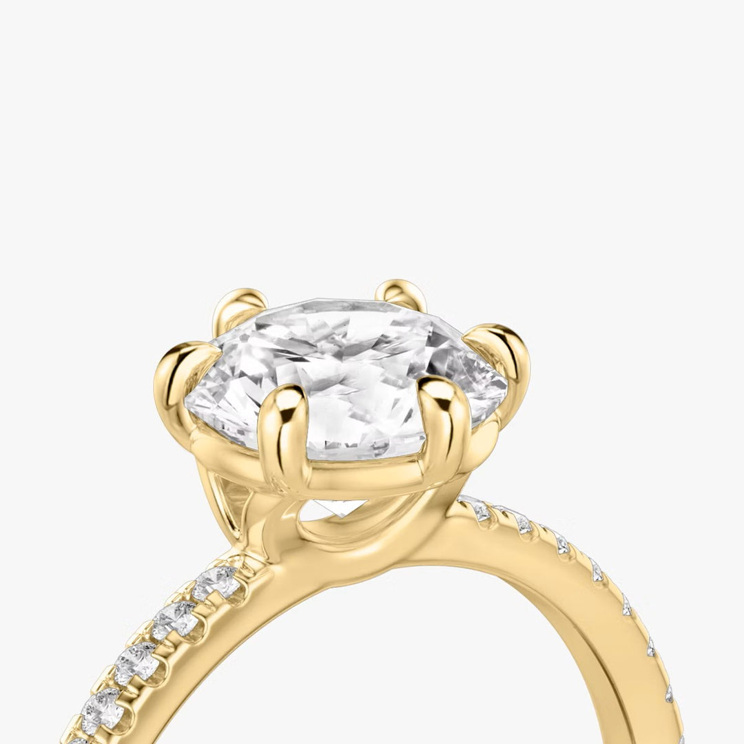 Round Cut - Pave Band - 6 Prong Classic Ring - 14 K Gold