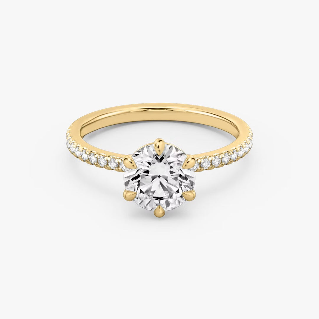 Round Cut - Pave Band - 6 Prong Classic Ring - 18 K Gold