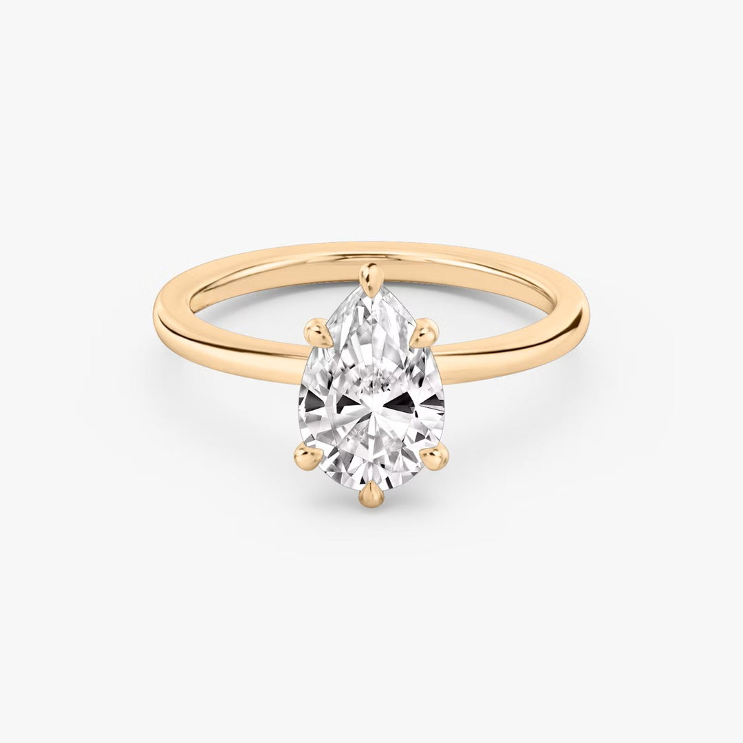 Pear Cut - Plain Band - 6 Prong Classic Ring - 14 K Gold
