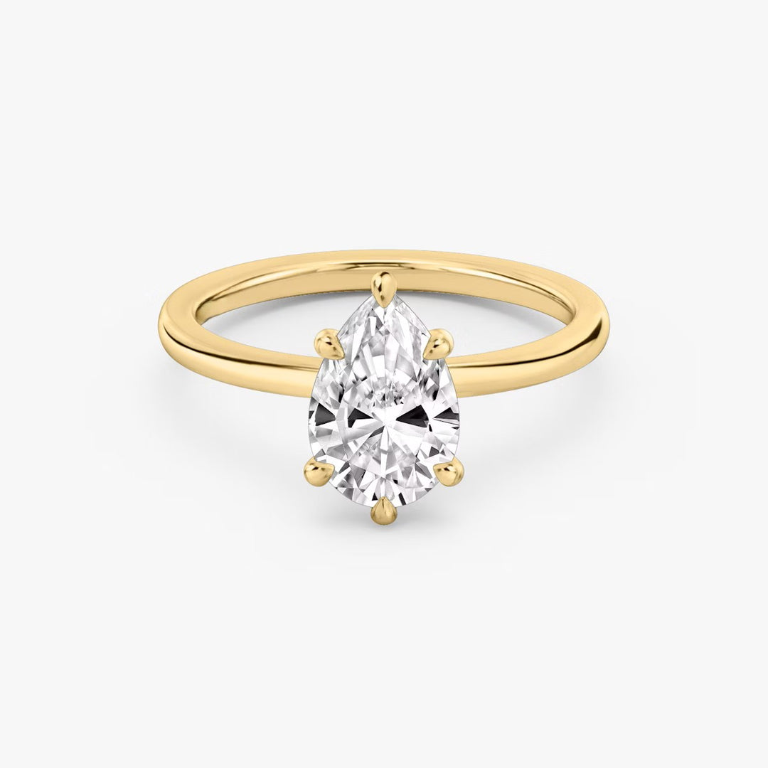 Pear Cut - Plain Band - 6 Prong Classic Ring - 18 K Gold