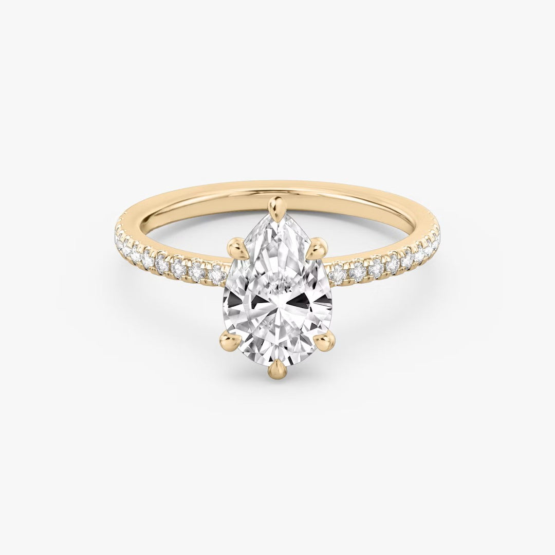 Pear Cut - Pave Band - 6 Prong Classic Ring - 18 K Gold