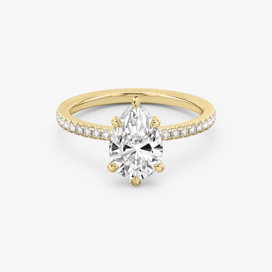 Pear Cut - Pave Band - 6 Prong Classic Ring - 18 K Gold