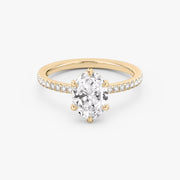 Oval Cut - Pave Band - 6 Prong Classic Ring - 14 K Gold