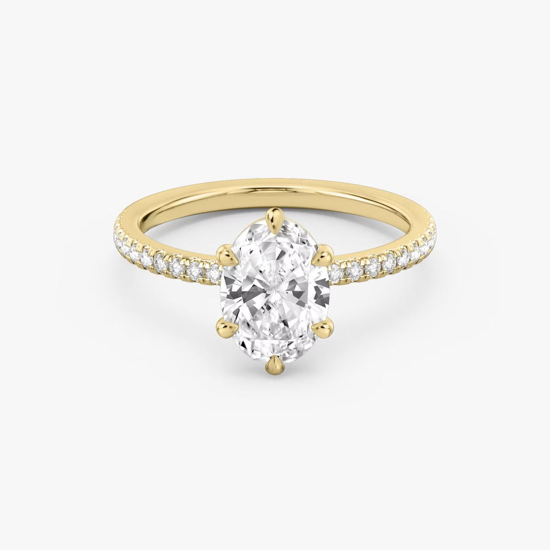 Oval Cut - Pave Band - 6 Prong Classic Ring - 18 K Gold