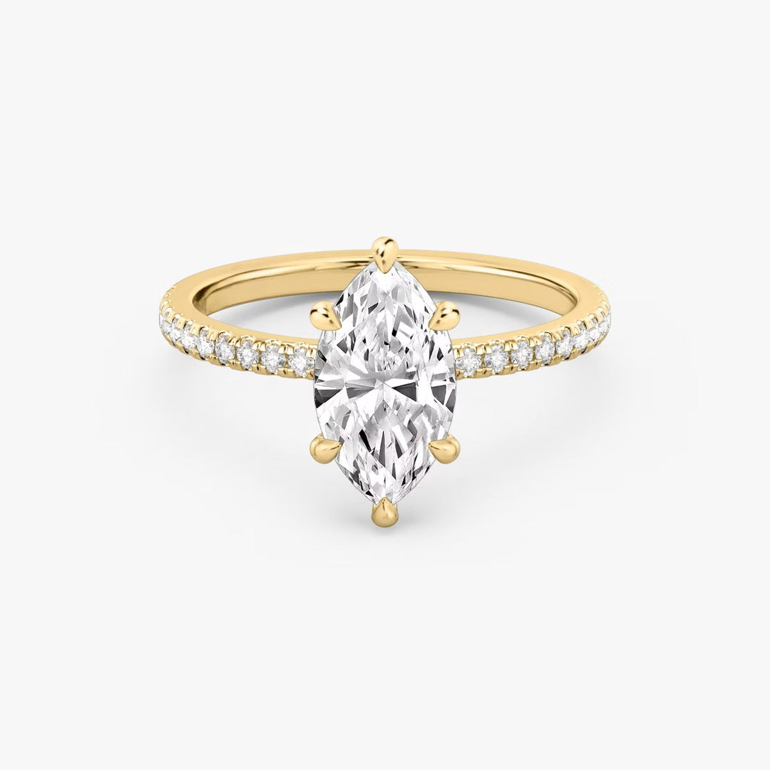Marquise Cut - Pave Band - 6 Prong Classic Ring - 14 K Gold