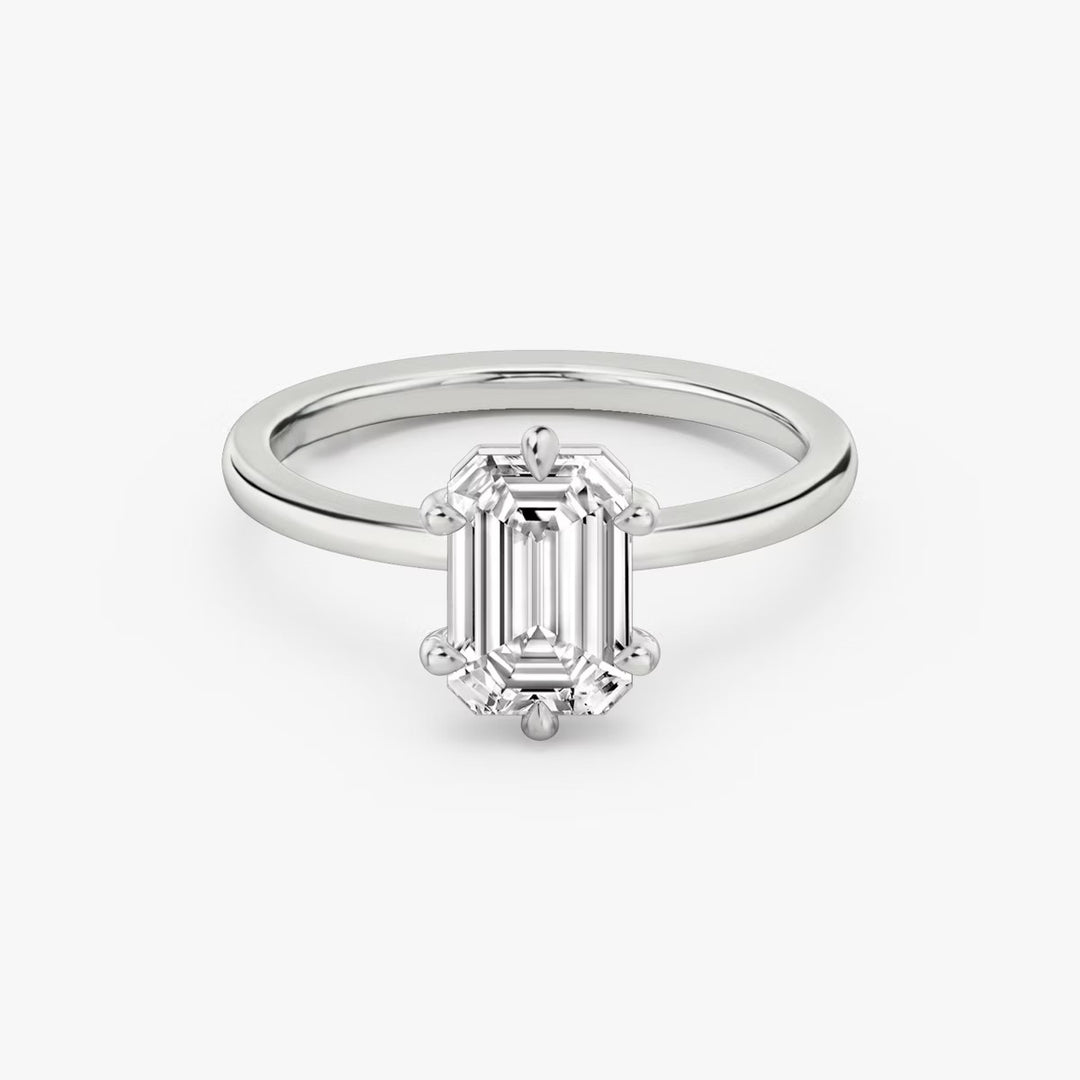 Emerald Cut - Plain Band - 6 Prong Classic Ring - 14 K Gold
