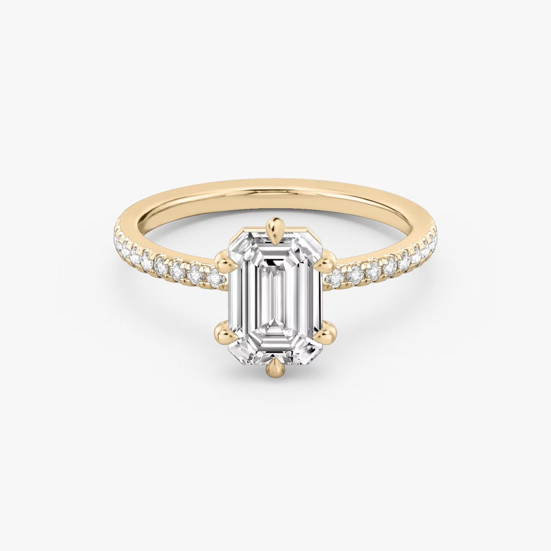 Emerald Cut - Pave Band - 6 Prong Classic Ring - 18 K Gold