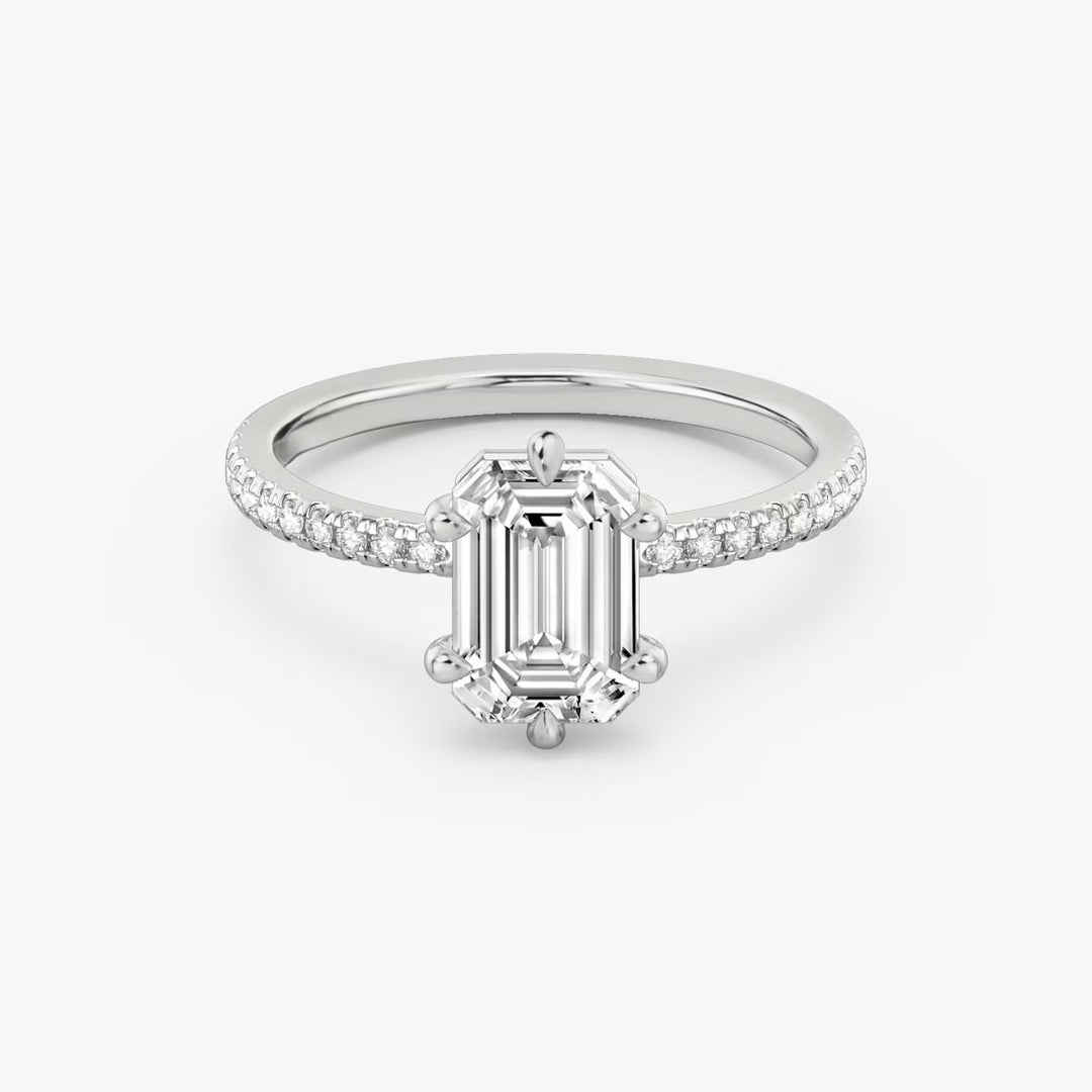 Emerald Cut - Pave Band - 6 Prong Classic Ring - 14 K Gold