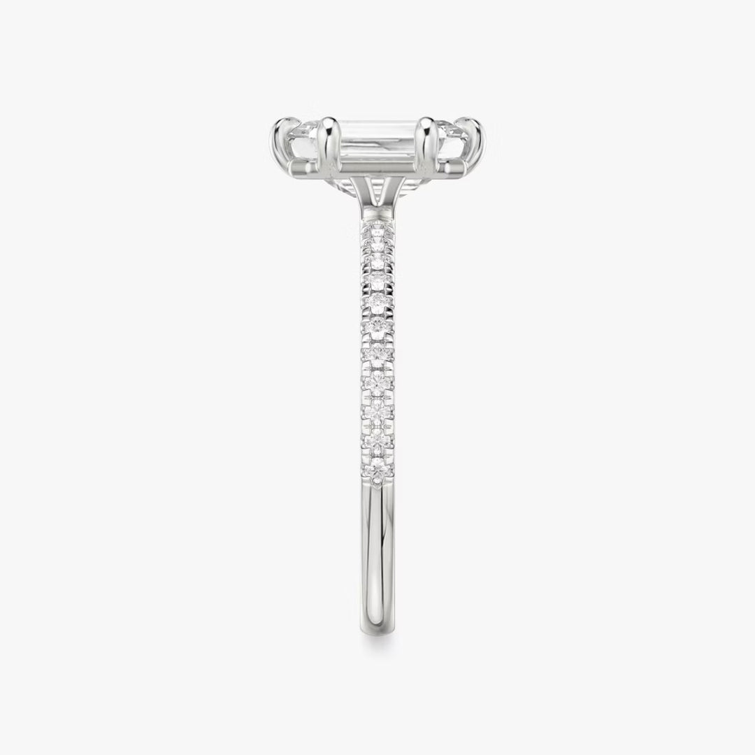 Emerald Cut - Pave Band - 6 Prong Classic Ring - 14 K Gold