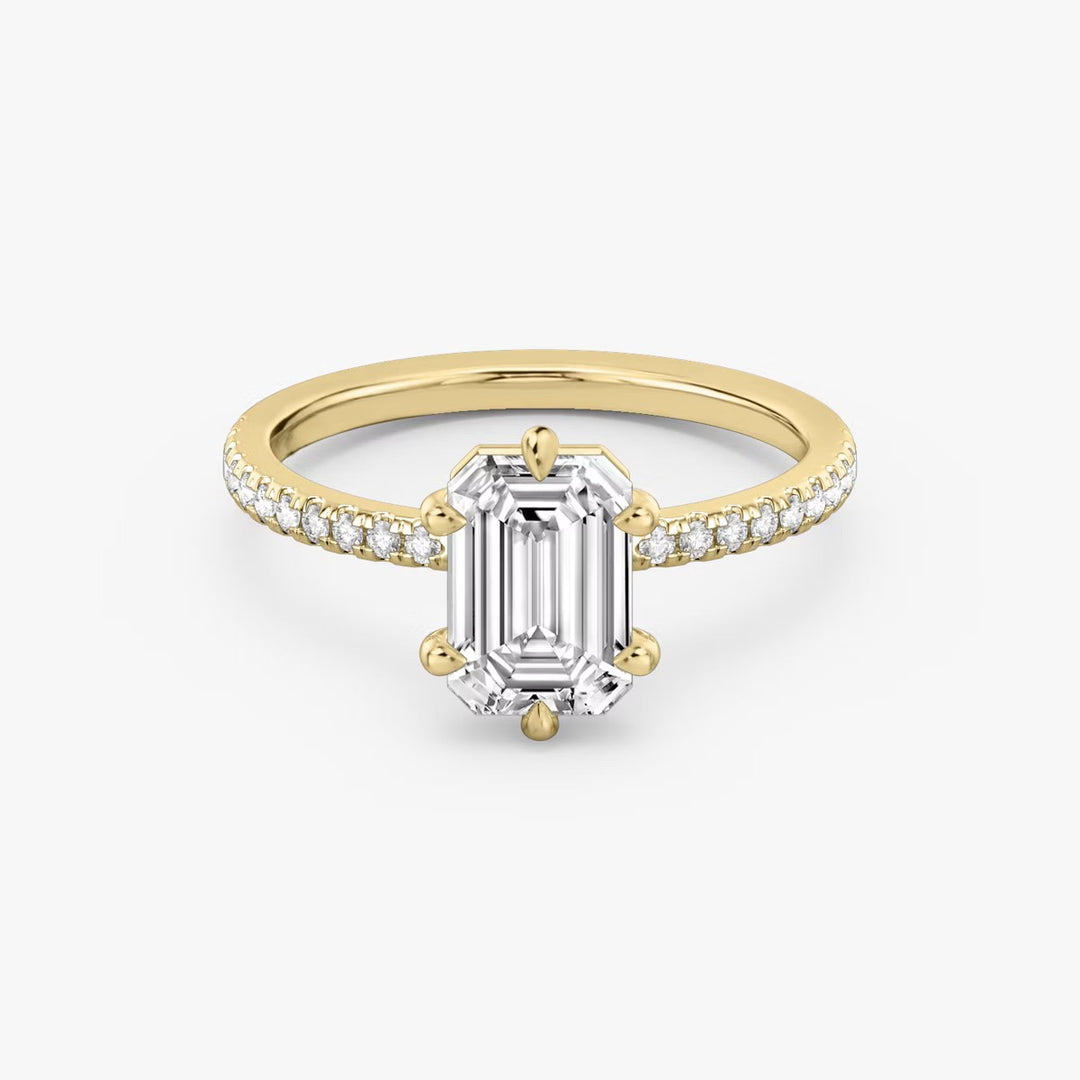 Emerald Cut - Pave Band - 6 Prong Classic Ring - 18 K Gold