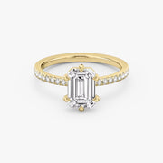 Emerald Cut - Pave Band - 6 Prong Classic Ring - 14 K Gold