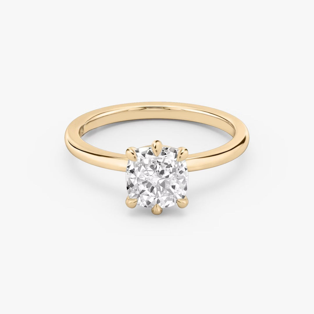 Cushion Cut - Plain Band - 6 Prong Classic Ring - 18 K Gold