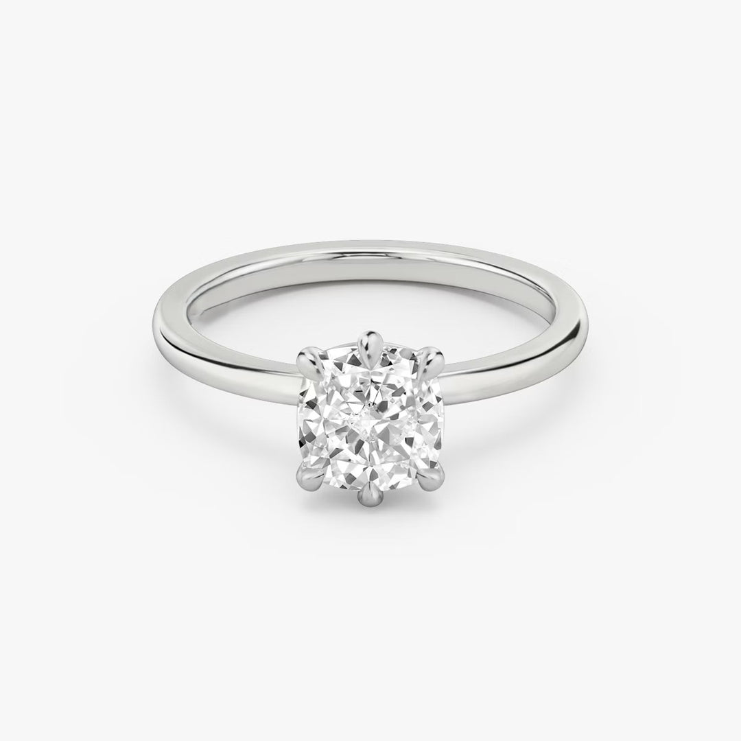 Cushion Cut - Plain Band - 6 Prong Classic Ring - 14 K Gold