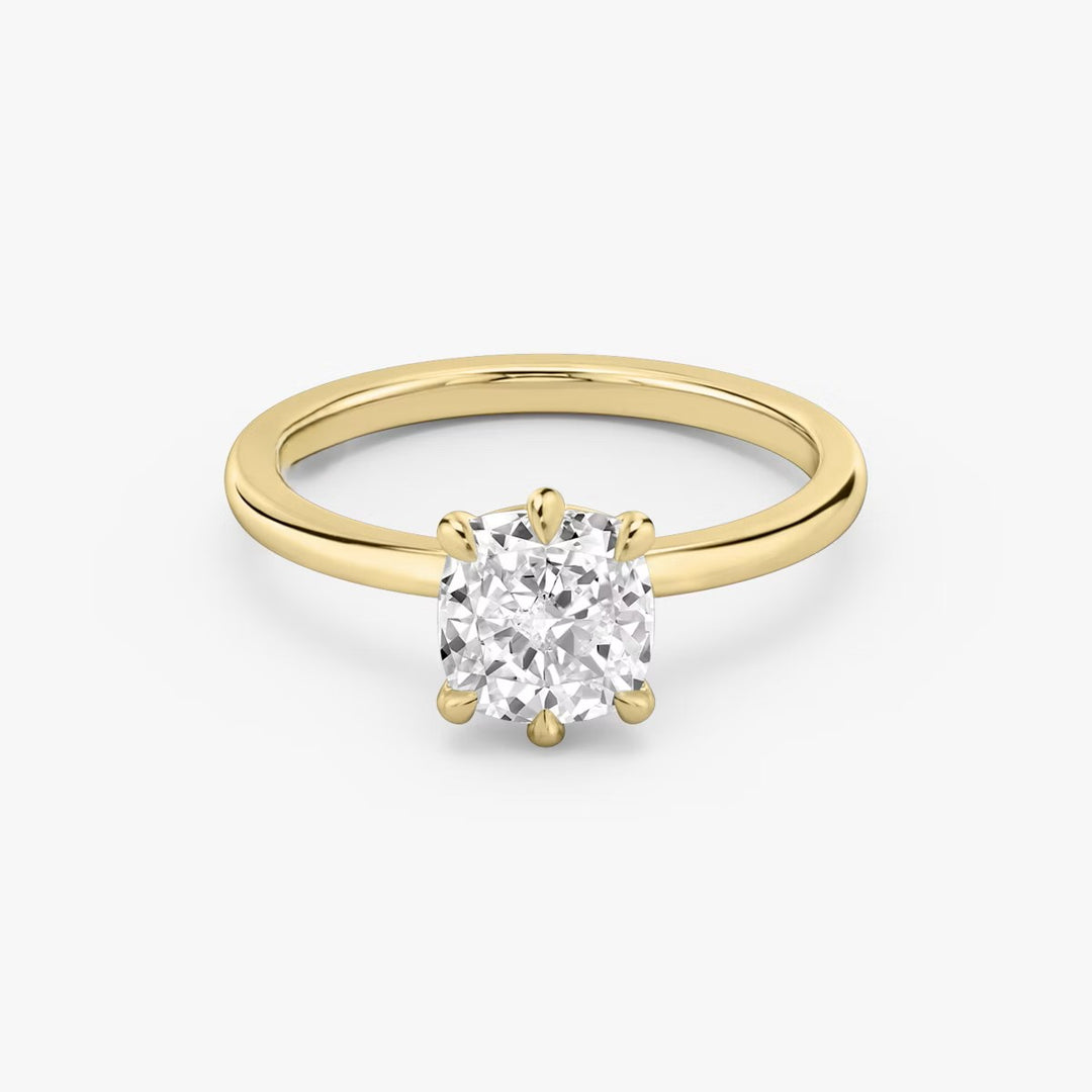 Cushion Cut - Plain Band - 6 Prong Classic Ring - 14 K Gold