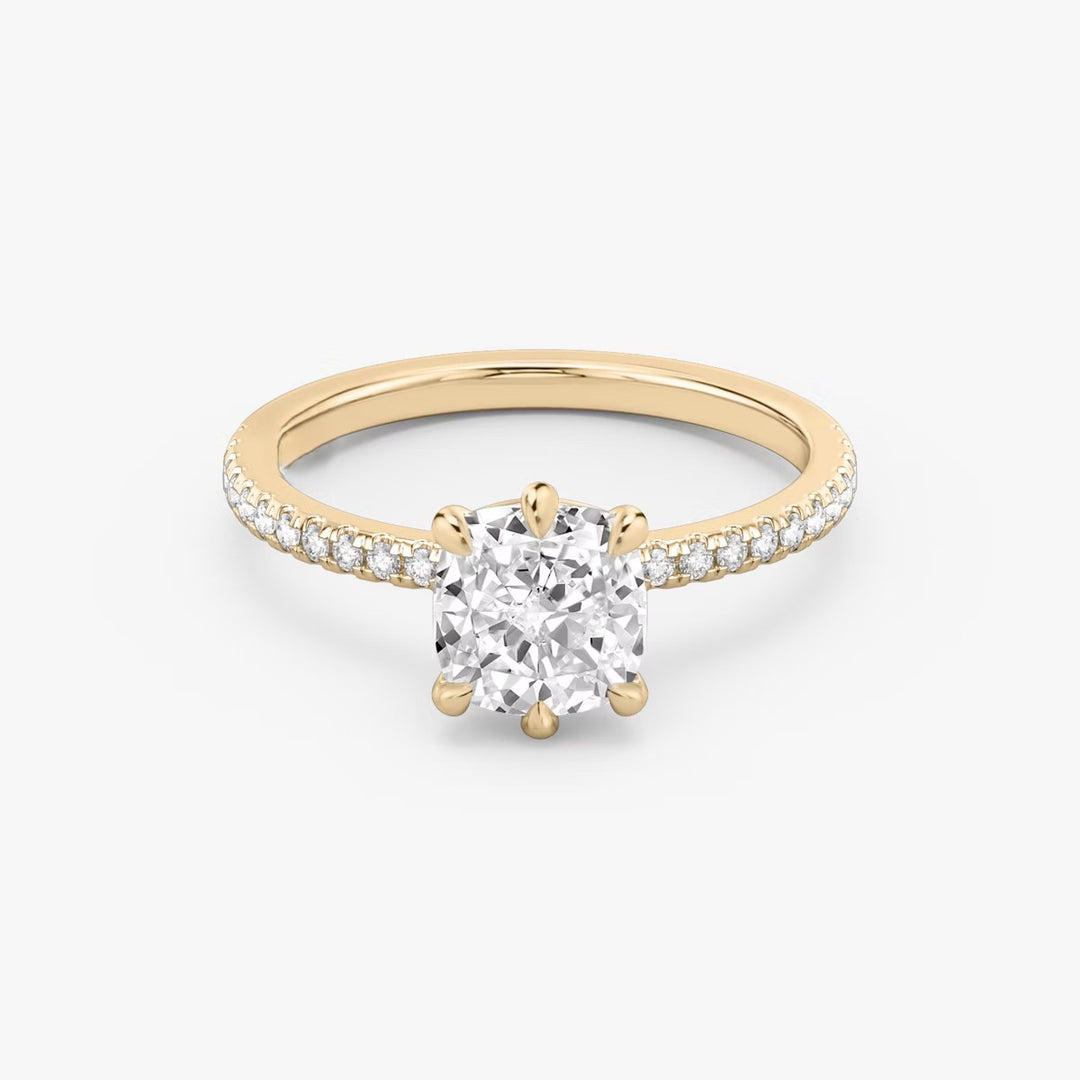 Cushion Cut - Pave Band - 6 Prong Classic Ring - 18 K Gold