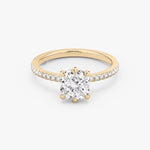 Load image into Gallery viewer, Cushion Cut - Pave Band - 6 Prong Classic Ring - 18 K Gold
