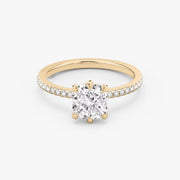 Cushion Cut - Pave Band - 6 Prong Classic Ring - 14 K Gold
