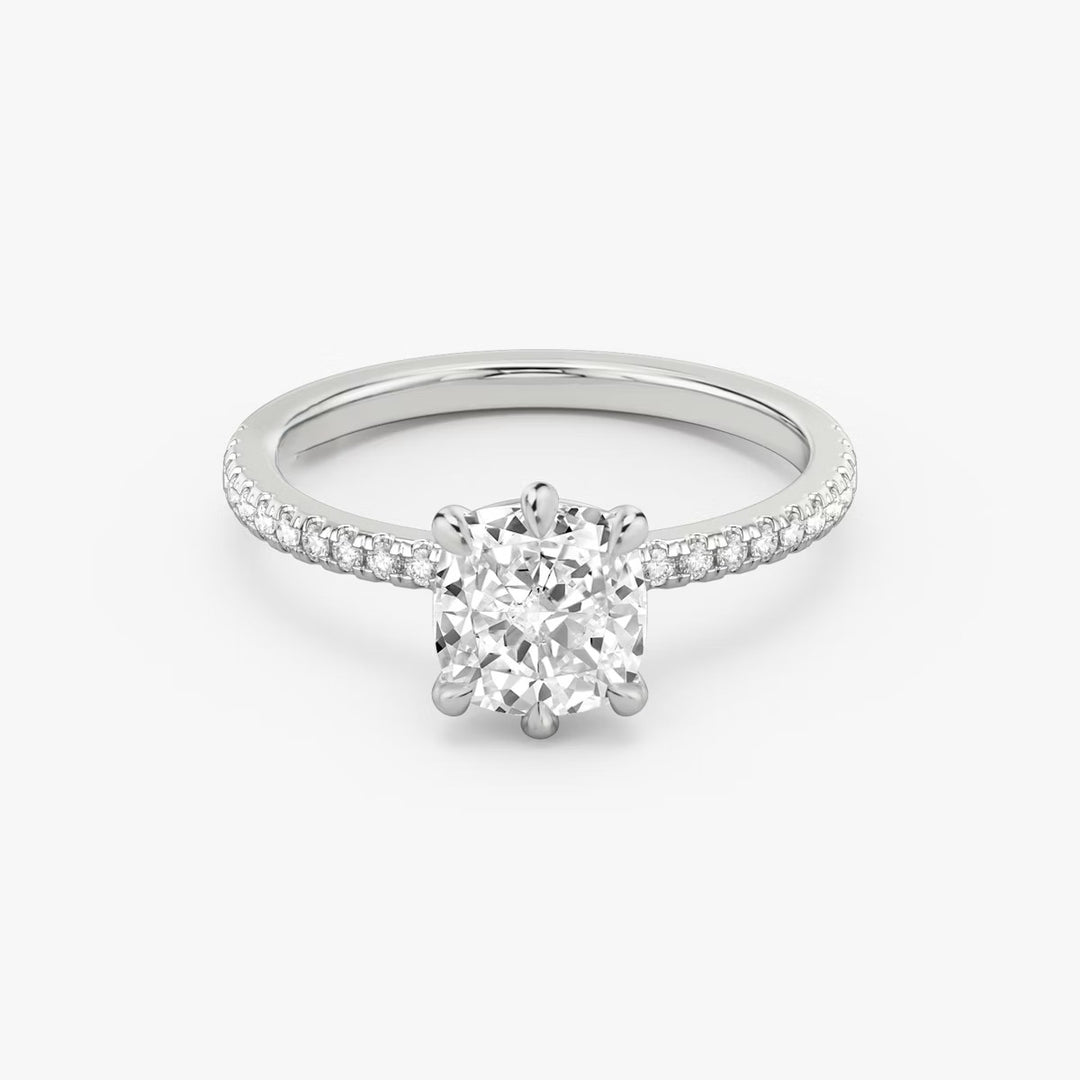 Cushion Cut - Pave Band - 6 Prong Classic Ring - 18 K Gold