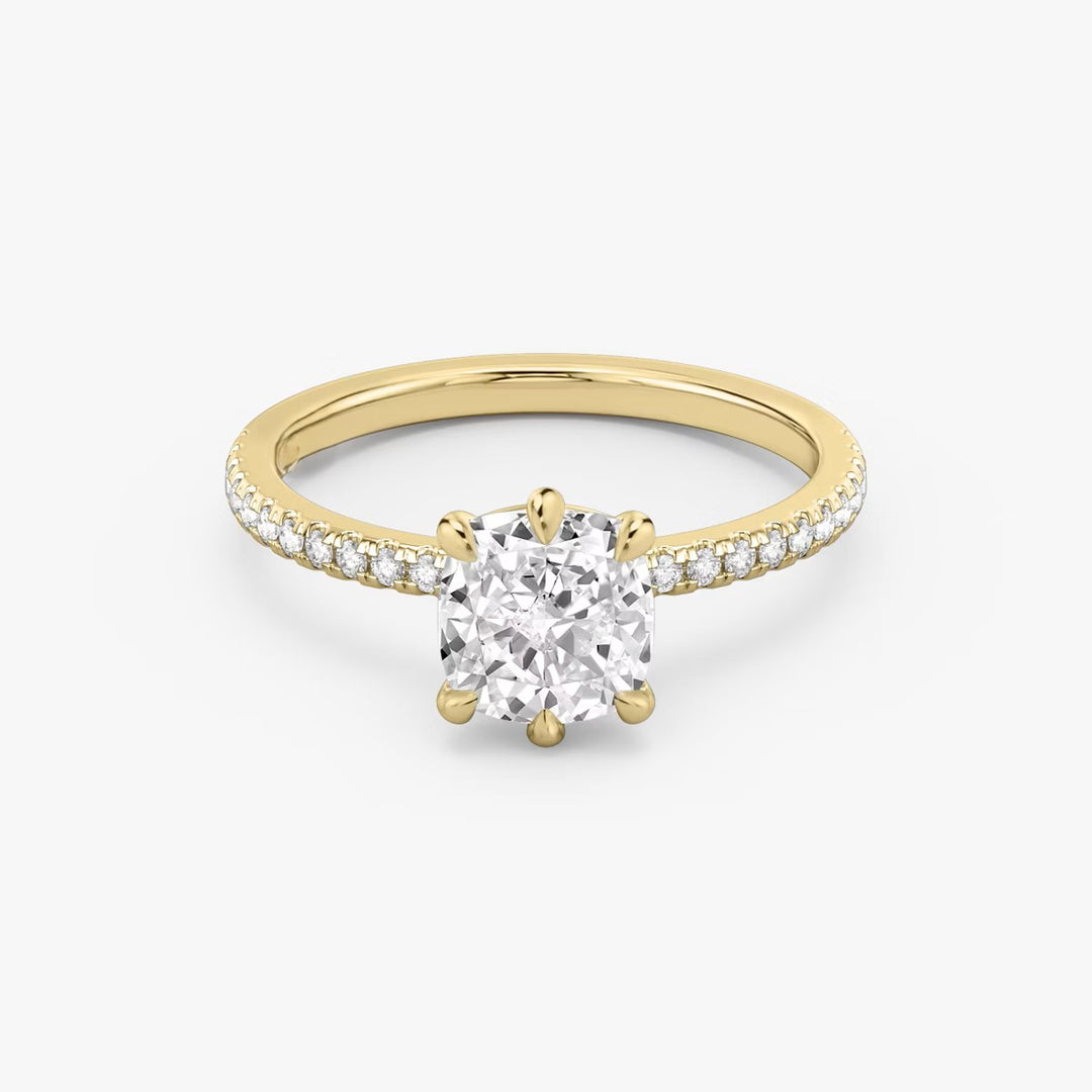 Cushion Cut - Pave Band - 6 Prong Classic Ring - 18 K Gold