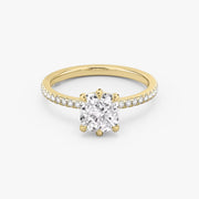 Cushion Cut - Pave Band - 6 Prong Classic Ring - 14 K Gold