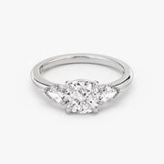 Cushion Cut - Plain Band - Three Stone Ring - 0.25 Ct Side Stone each - 14 K Gold