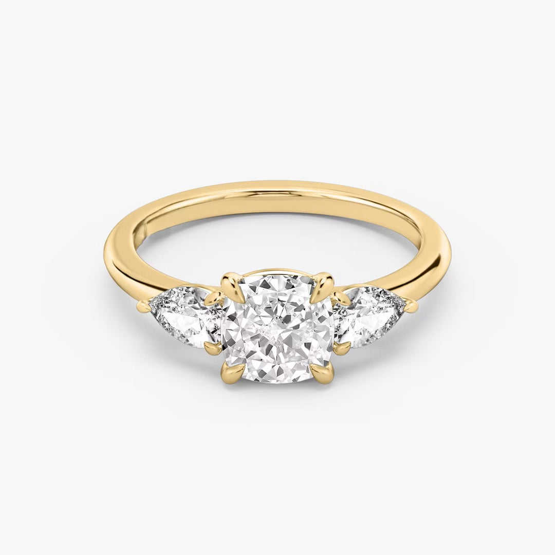 Cushion Cut - Plain Band - Three Stone Ring - 0.25 Ct Side Stone each - 14 K Gold