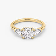 Cushion Cut - Plain Band - Three Stone Ring - 0.25 Ct Side Stone each - 14 K Gold