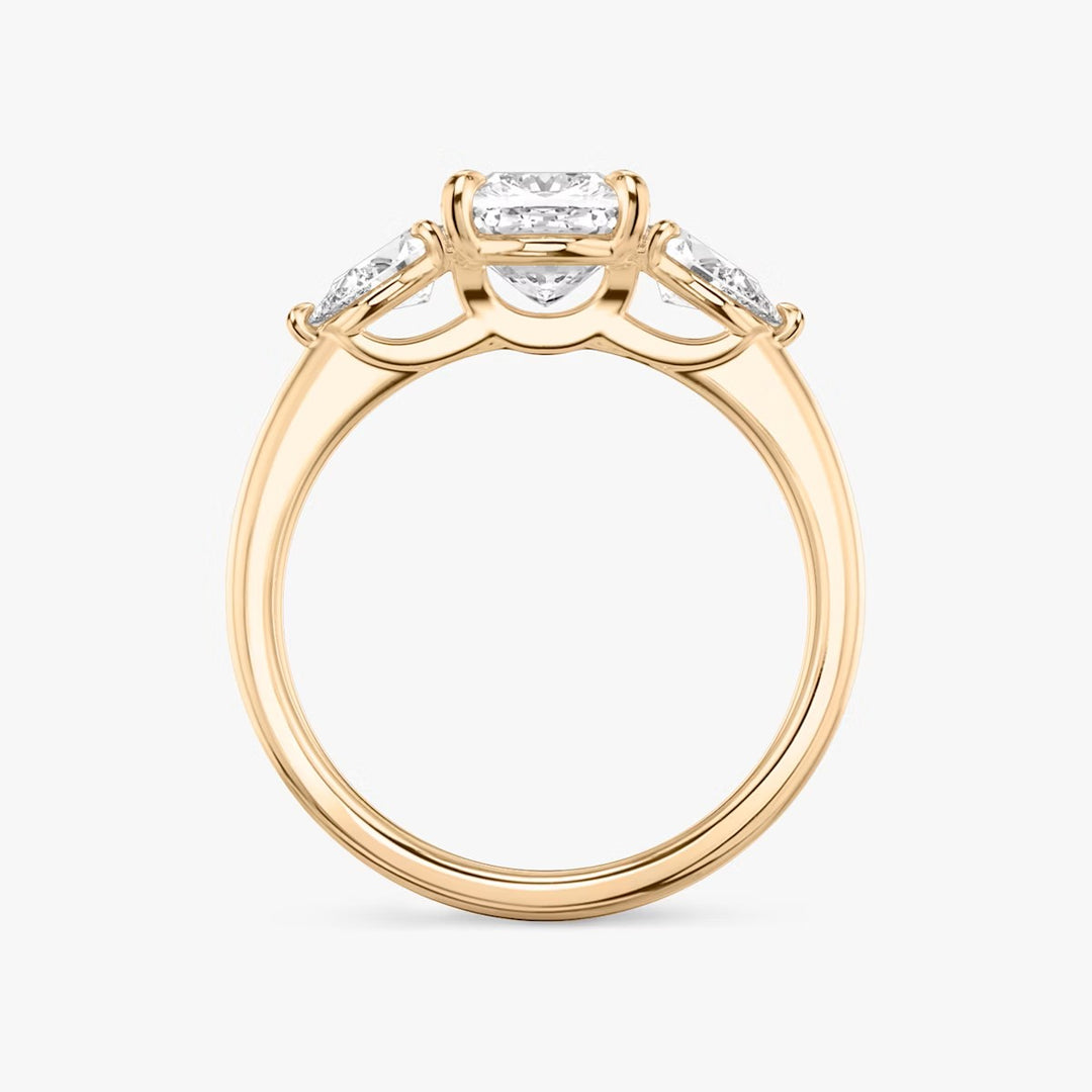 Cushion Cut - Plain Band - Three Stone Ring - 0.25 Ct Side Stone each - 14 K Gold