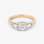 Load image into Gallery viewer, Cushion Cut - Pave Band - Three Stone Ring - 0.25 Ct Side Stone each - 14 K Gold
