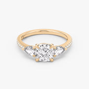 Cushion Cut - Pave Band - Three Stone Ring - 0.25 Ct Side Stone each - 14 K Gold