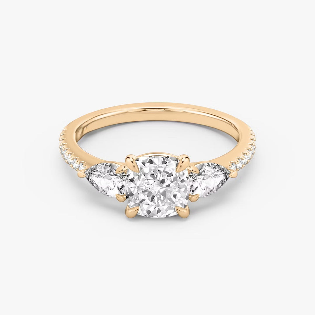 Cushion Cut - Pave Band - Three Stone Ring - 0.25 Ct Side Stone each - 14 K Gold