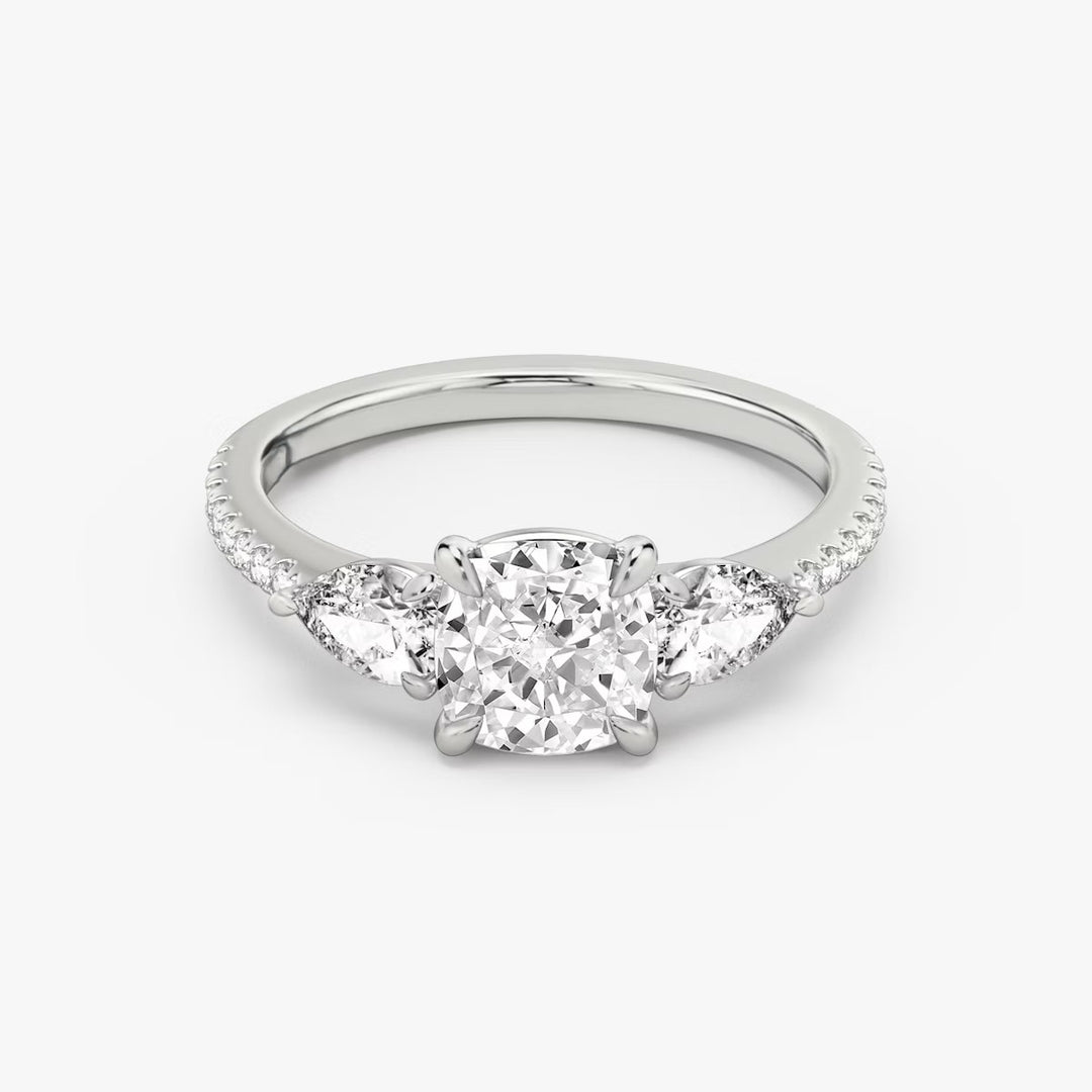 Cushion Cut - Pave Band - Three Stone Ring - 0.25 Ct Side Stone each - 14 K Gold