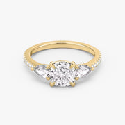 Cushion Cut - Pave Band - Three Stone Ring - 0.25 Ct Side Stone each - 14 K Gold