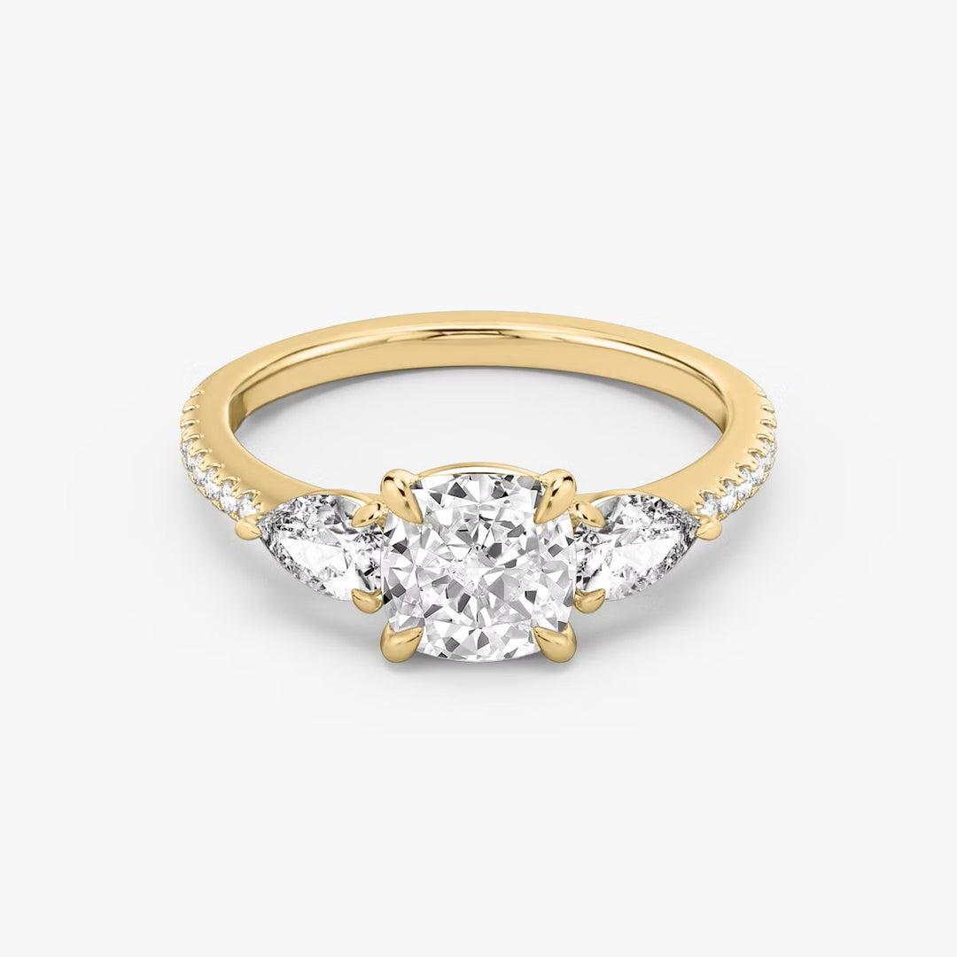 Cushion Cut - Pave Band - Three Stone Ring - 0.25 Ct Side Stone each - 14 K Gold