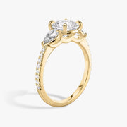 Cushion Cut - Pave Band - Three Stone Ring - 0.25 Ct Side Stone each - 14 K Gold
