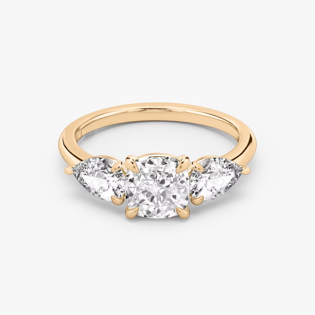 Cushion Cut - Plain Band - Three Stone Ring - 0.5 Ct Side Stone each - 14 K Gold