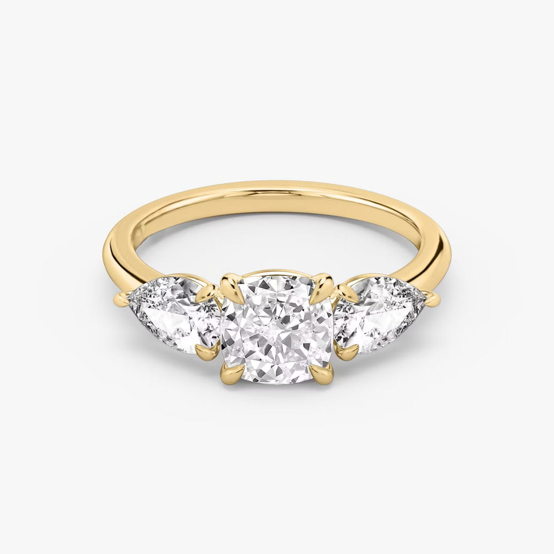 Cushion Cut - Plain Band - Three Stone Ring - 0.5 Ct Side Stone each - 14 K Gold