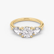 Cushion Cut - Plain Band - Three Stone Ring - 0.5 Ct Side Stone each - 14 K Gold