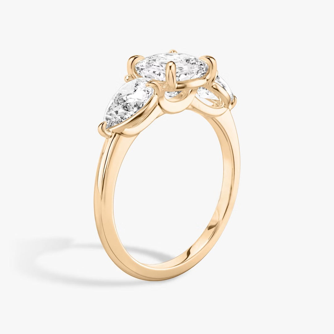 Cushion Cut - Plain Band - Three Stone Ring - 0.5 Ct Side Stone each - 14 K Gold