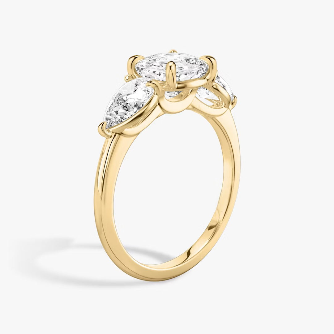 Cushion Cut - Plain Band - Three Stone Ring - 0.5 Ct Side Stone each - 14 K Gold