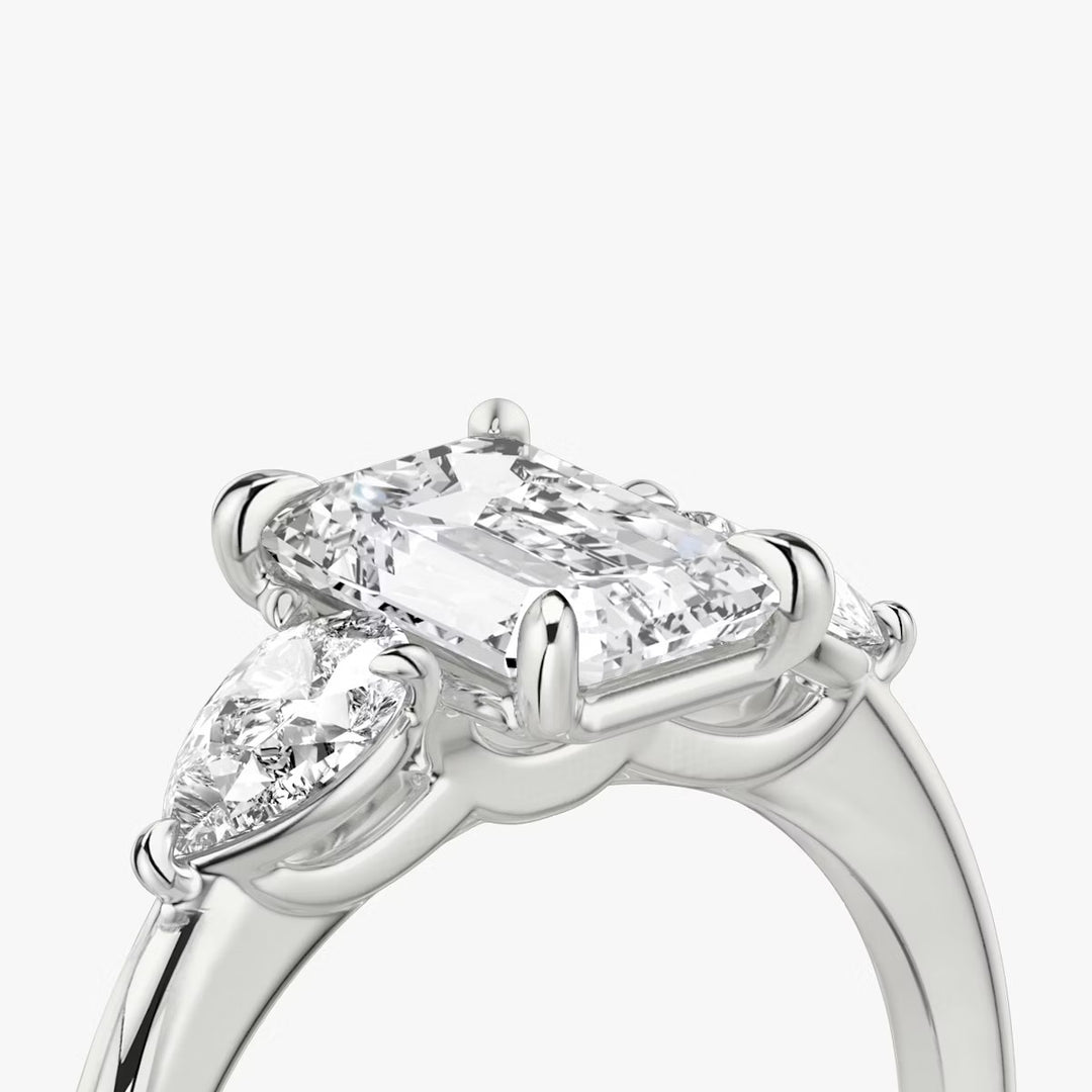 Emerald Cut - Plain Band - Three Stone Ring - 0.25 Ct Side Stone each - 14 K Gold